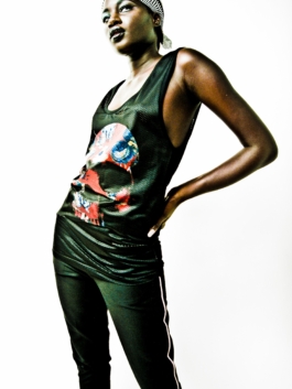 Photography. Model wearing black printed top 