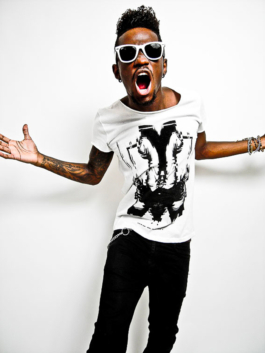 photography.Jumping model wearing printed t-shirt 