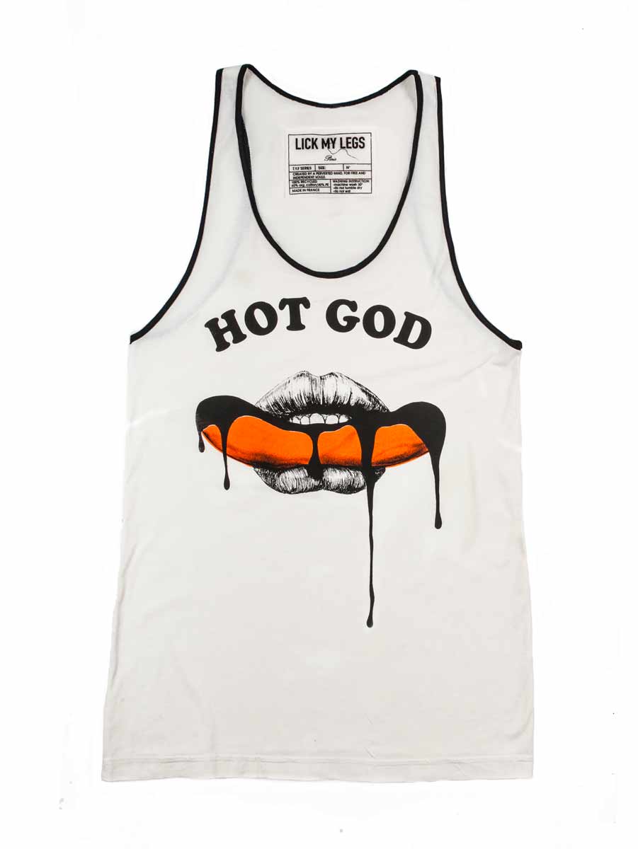 débardeur blanc sérigraphié. Lick my legs