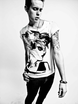 photography. Black & white. Model dancing wearing printed t-shirt 