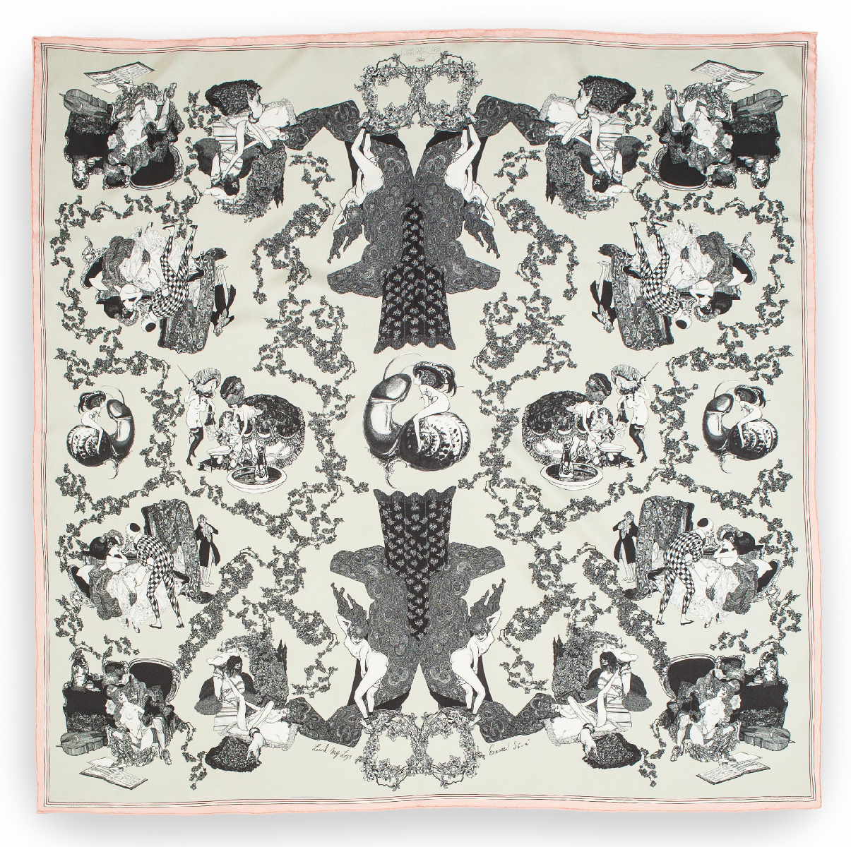 photo d'un carré en soie imprimé toile de jouy