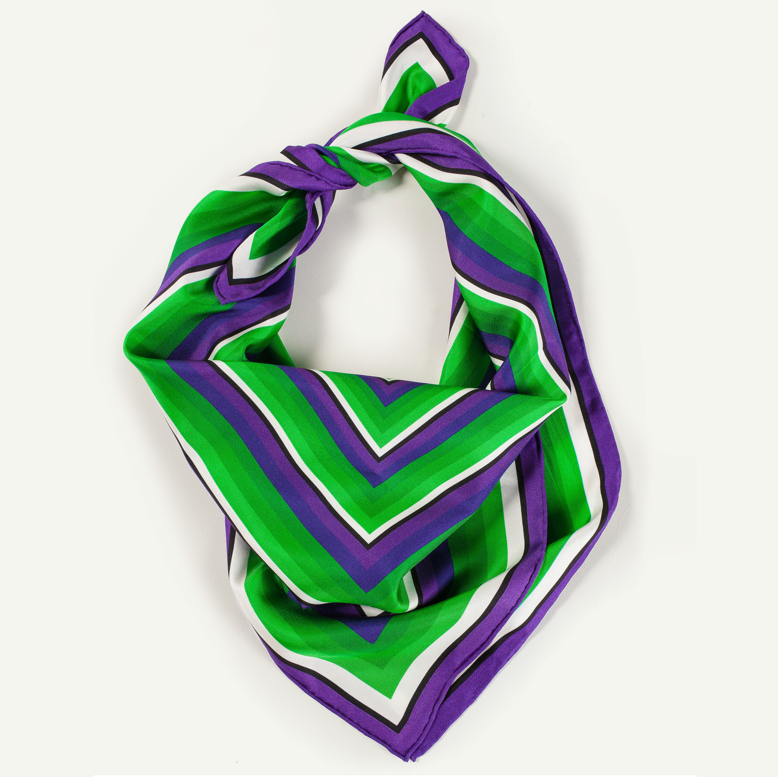 carré de soie multicolore. Op art. Vert, bleu et violet.