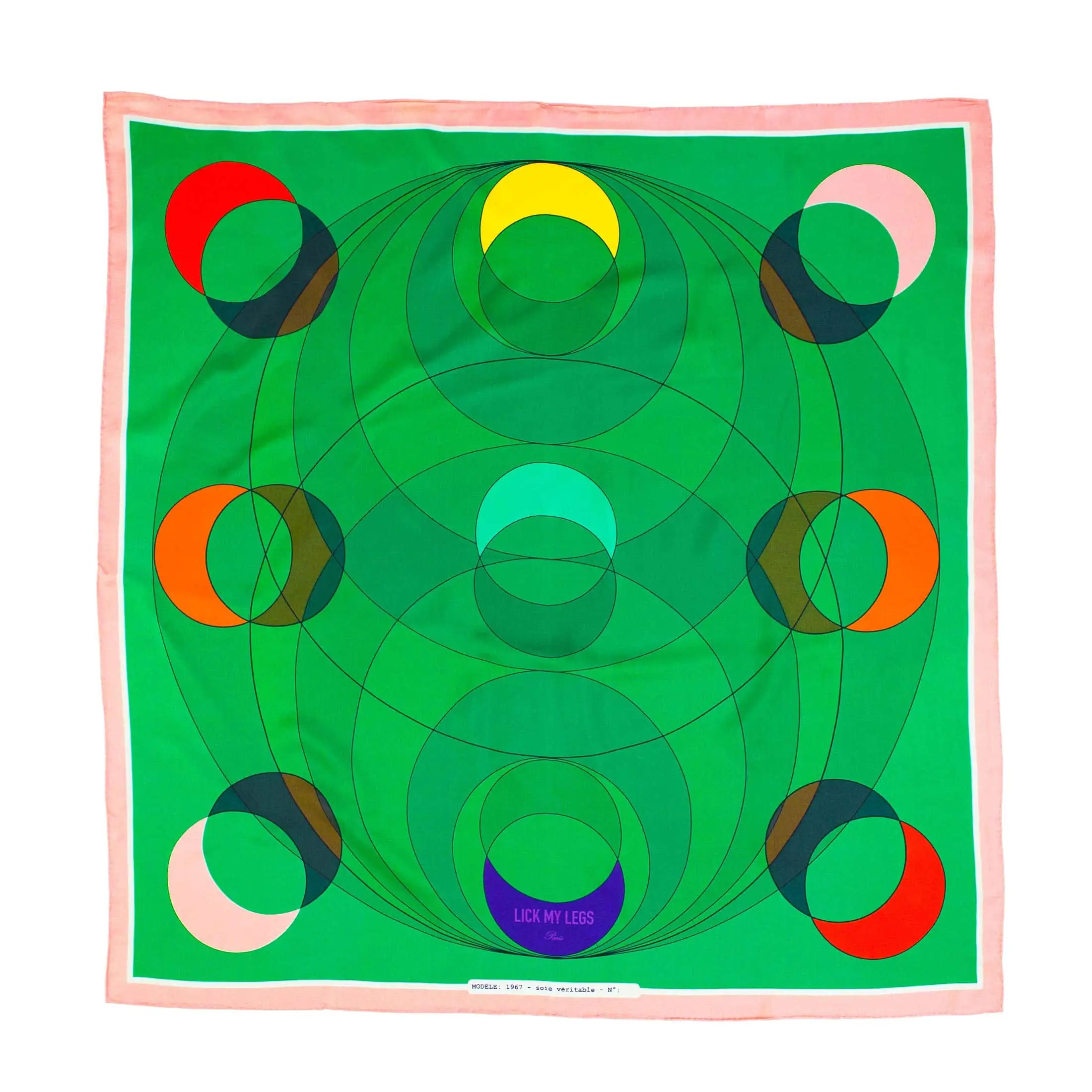 carre de soie vert à motifs multicolores 1967